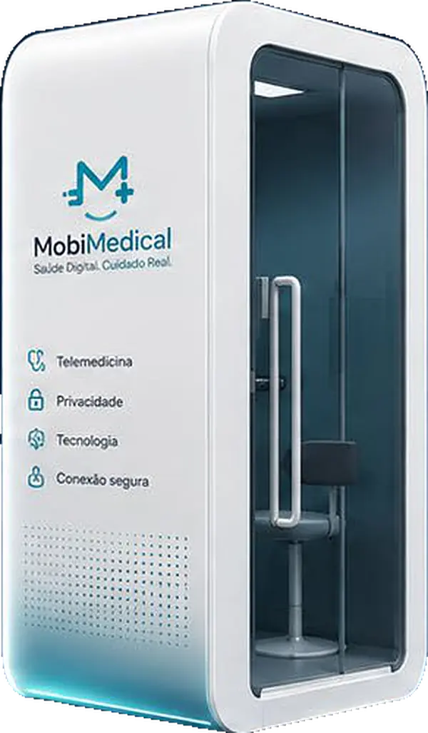 Cabine de telemedicina MobiMedical, branca, com porta de vidro e assento interno
