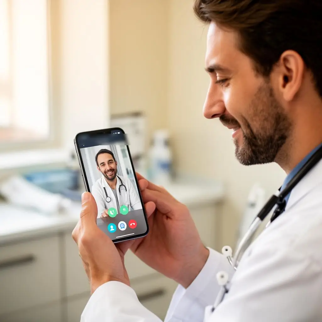 Médico de jaleco sorrindo durante uma videochamada no celular