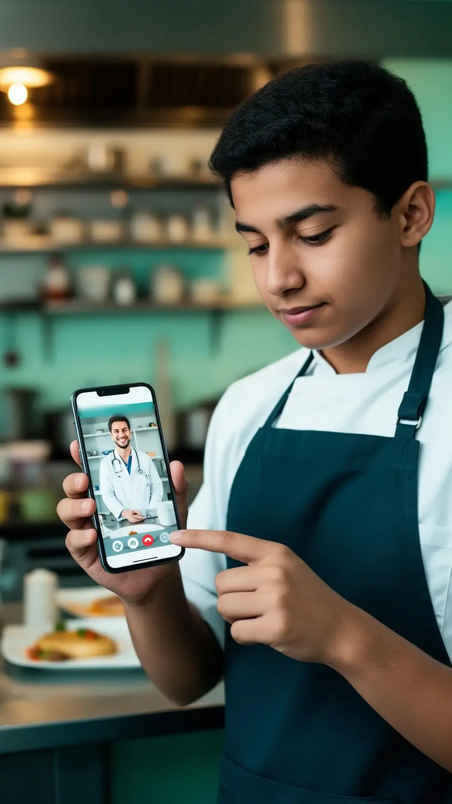 Mãos de um empreendedor de avental no balcão do seu negócio de alimentação, segurando o celular com uma consulta médica por vídeo