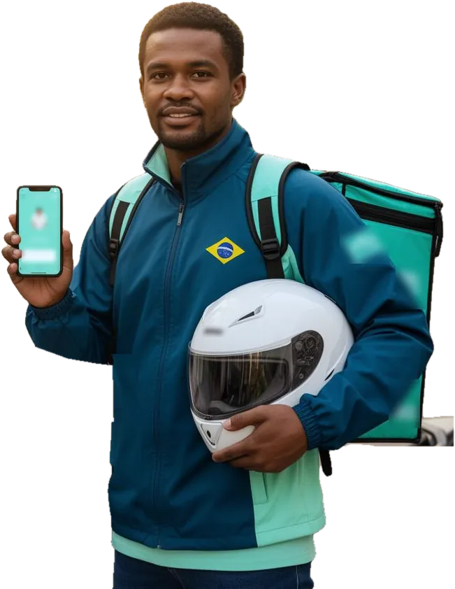 Entregador autônomo sorrindo, com o capacete sob o braço, mostrando no celular o aplicativo de consulta médica
